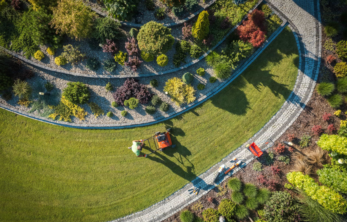 aerial view lawn mowing